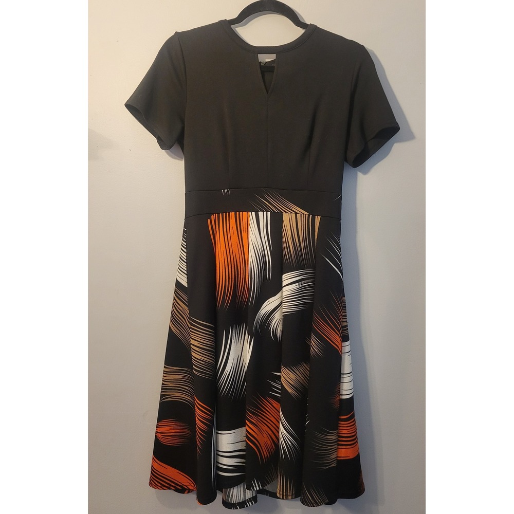Yathon Short Sleeve A Line Dress Black Orange Abstract Brushstroke Midi M